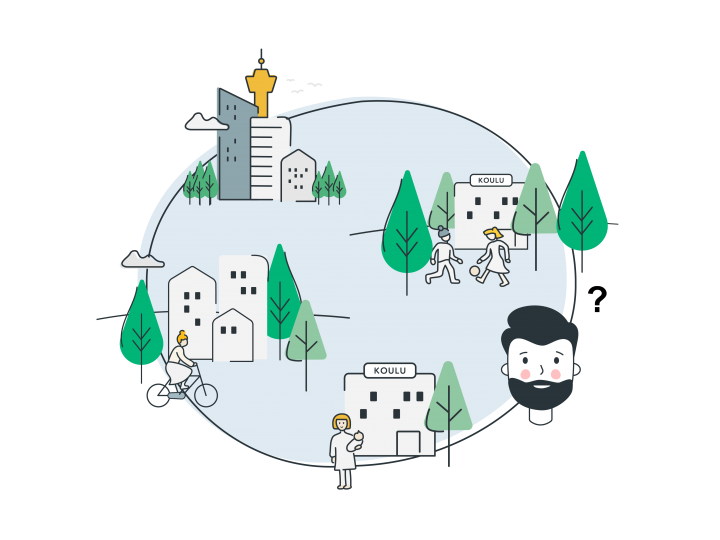 sininen ympyrä kaupunkia ja ihmisiä